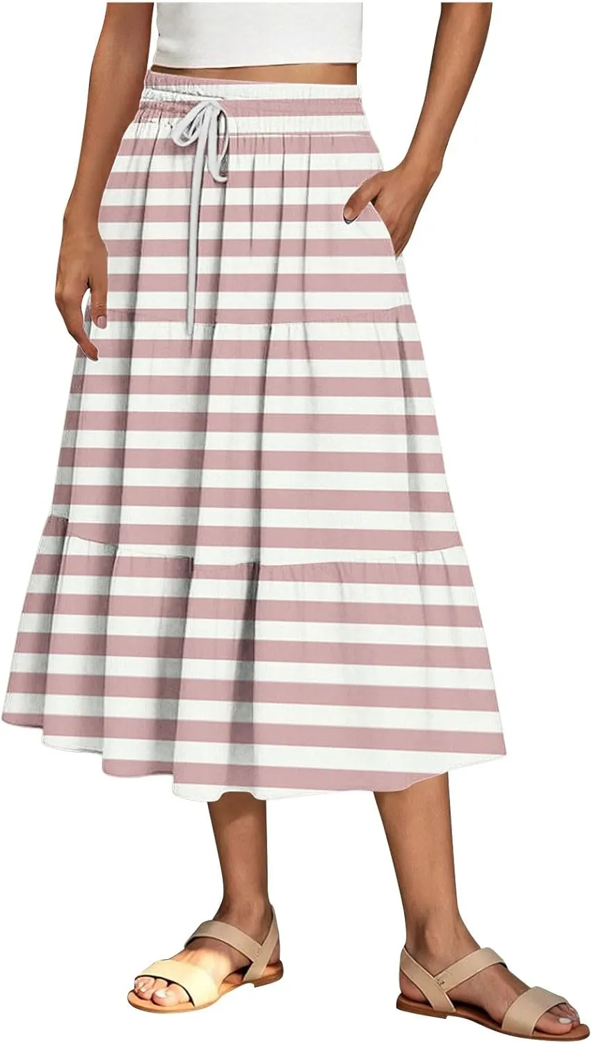 Women Flowy Pleated Skirts Elastic High Waist Drawstring Midi Skirt Boho Casual Summer Printed Ruffle Tiered Dress