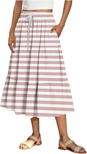 Women Flowy Pleated Skirts Elastic High Waist Drawstring Midi Skirt Boho Casual Summer Printed Ruffle Tiered Dress