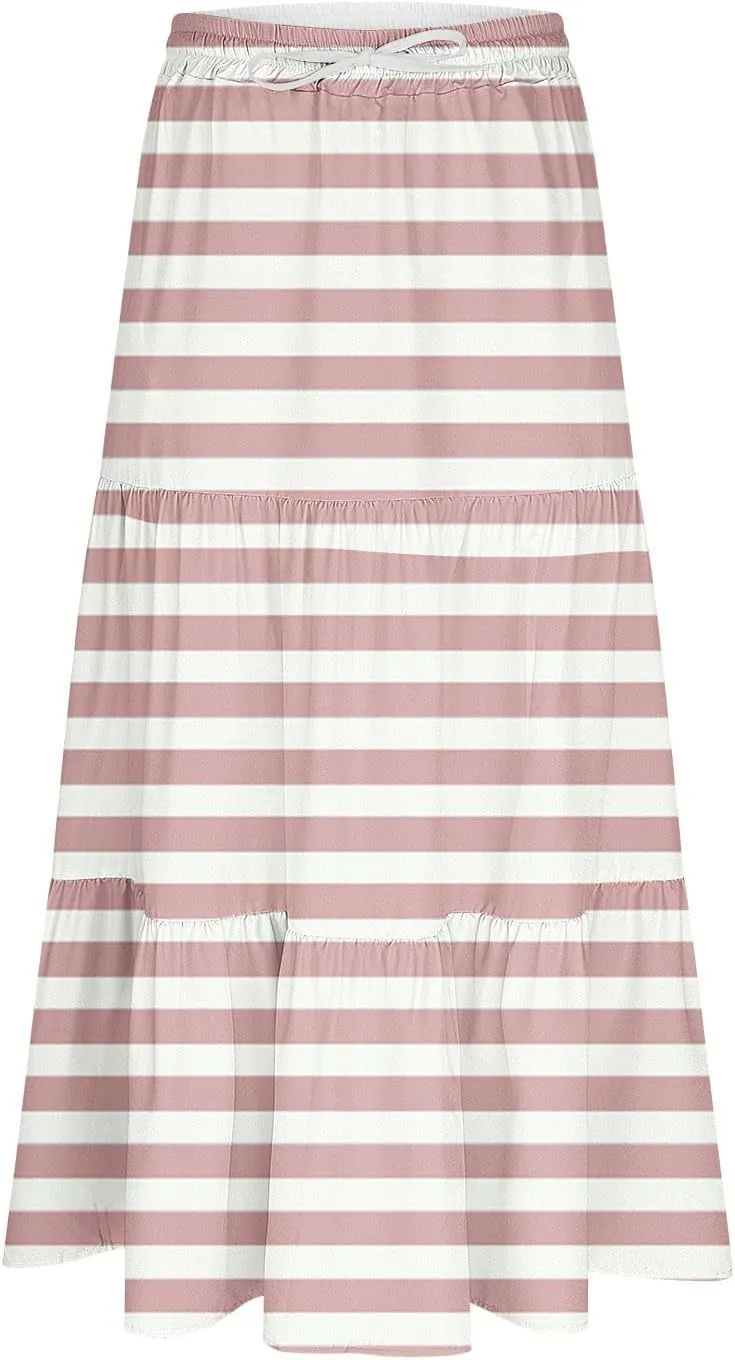 Women Flowy Pleated Skirts Elastic High Waist Drawstring Midi Skirt Boho Casual Summer Printed Ruffle Tiered Dress