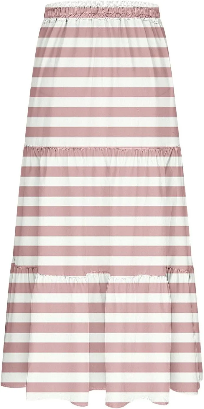 Women Flowy Pleated Skirts Elastic High Waist Drawstring Midi Skirt Boho Casual Summer Printed Ruffle Tiered Dress