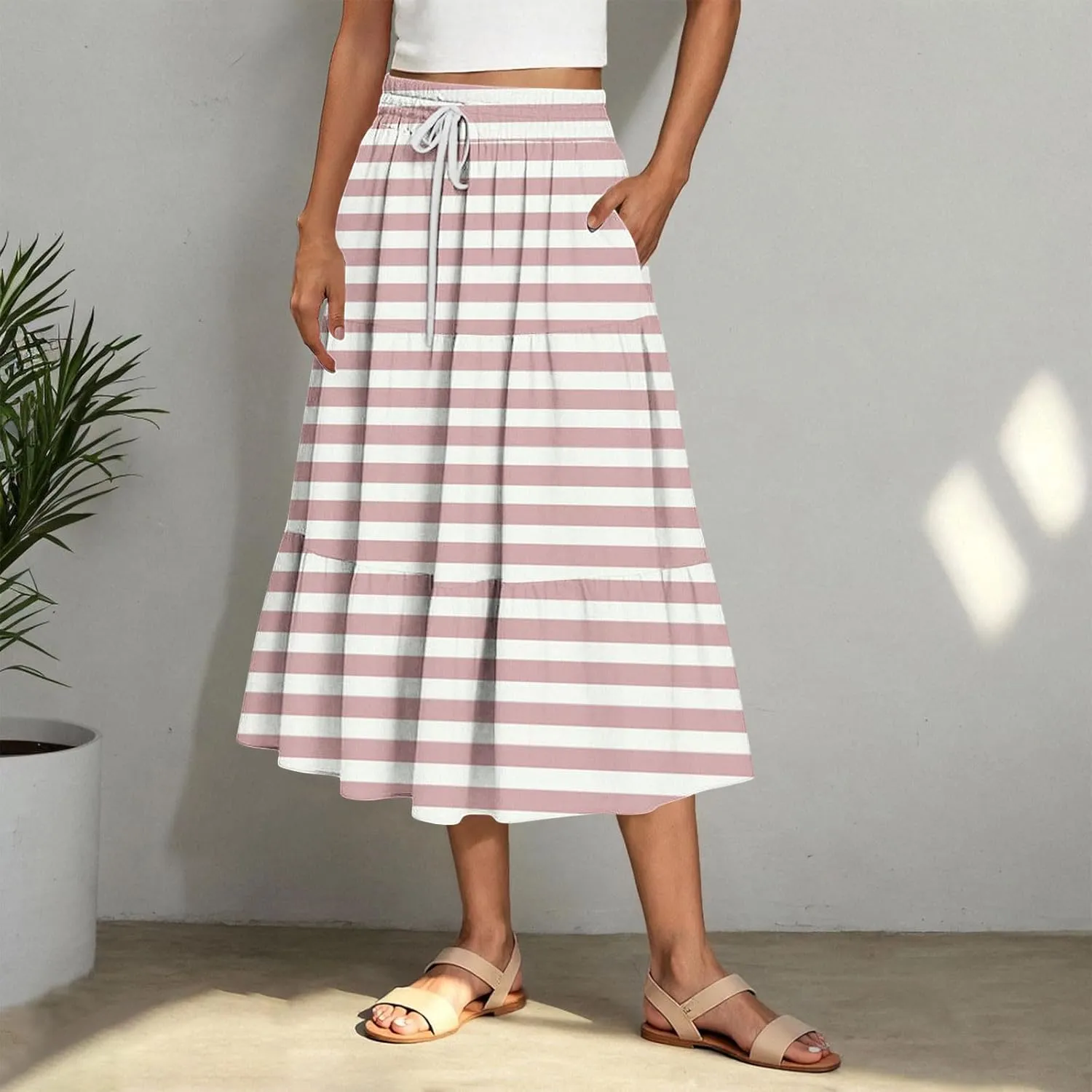 Women Flowy Pleated Skirts Elastic High Waist Drawstring Midi Skirt Boho Casual Summer Printed Ruffle Tiered Dress