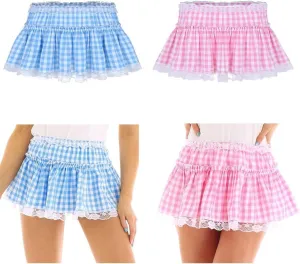 Women Halloween Dorothy Costume Plaid Mini Skirts Pleated Lace A Line Ruffle Short Skirts Gingham Princess Cosplay Skirts