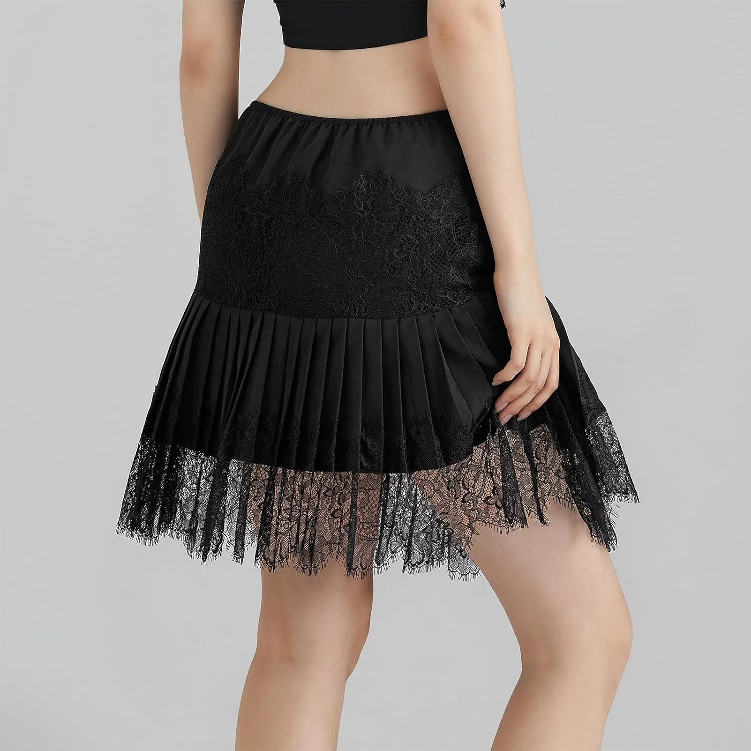 Women High Waist Mini Skirts Mid Rise Pleated Lace A Line Skirts Casual Solid Color Short Skirts