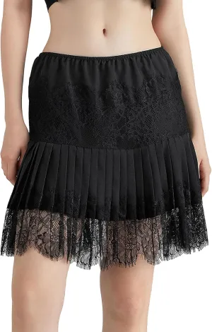 Women High Waist Mini Skirts Mid Rise Pleated Lace A Line Skirts Casual Solid Color Short Skirts