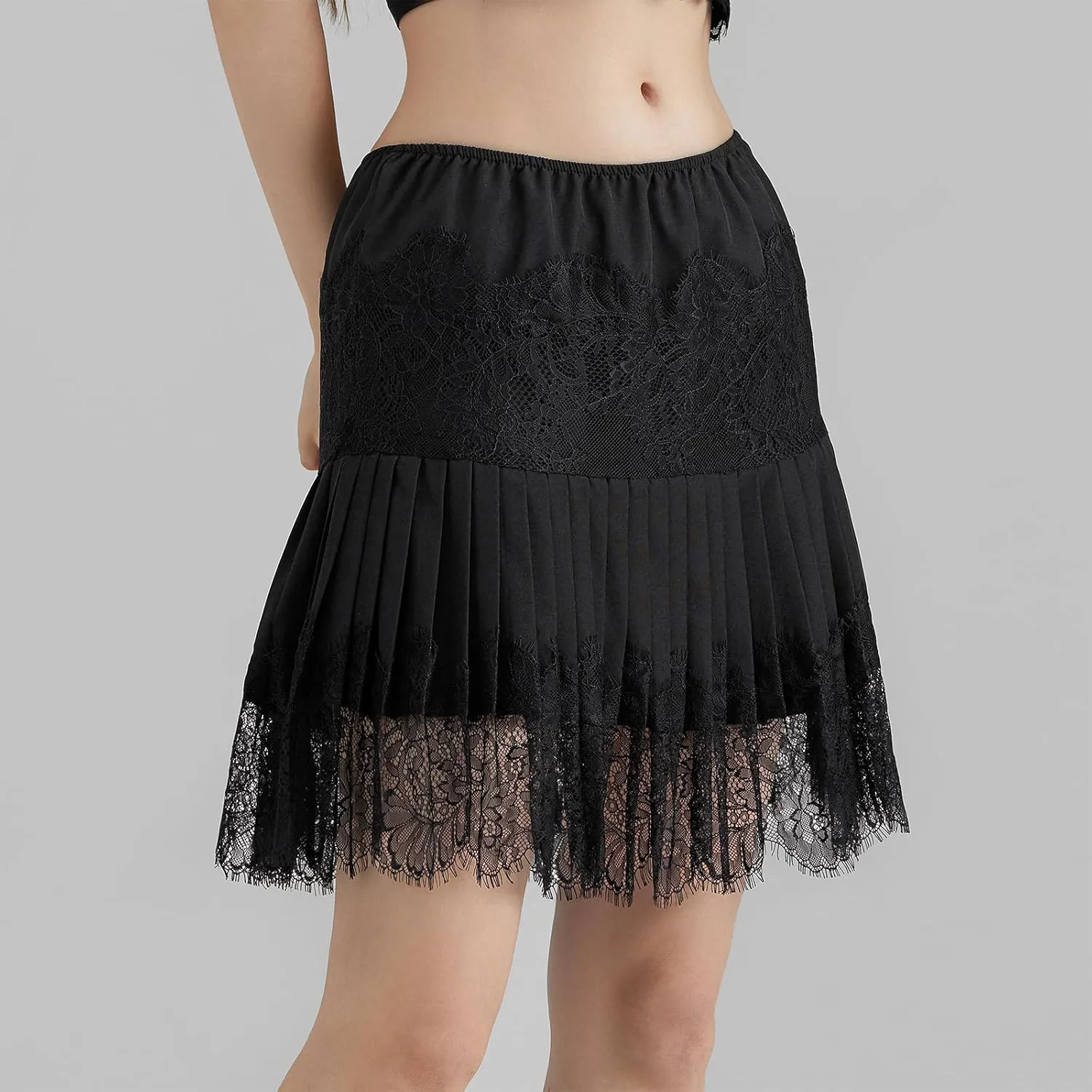 Women High Waist Mini Skirts Mid Rise Pleated Lace A Line Skirts Casual Solid Color Short Skirts