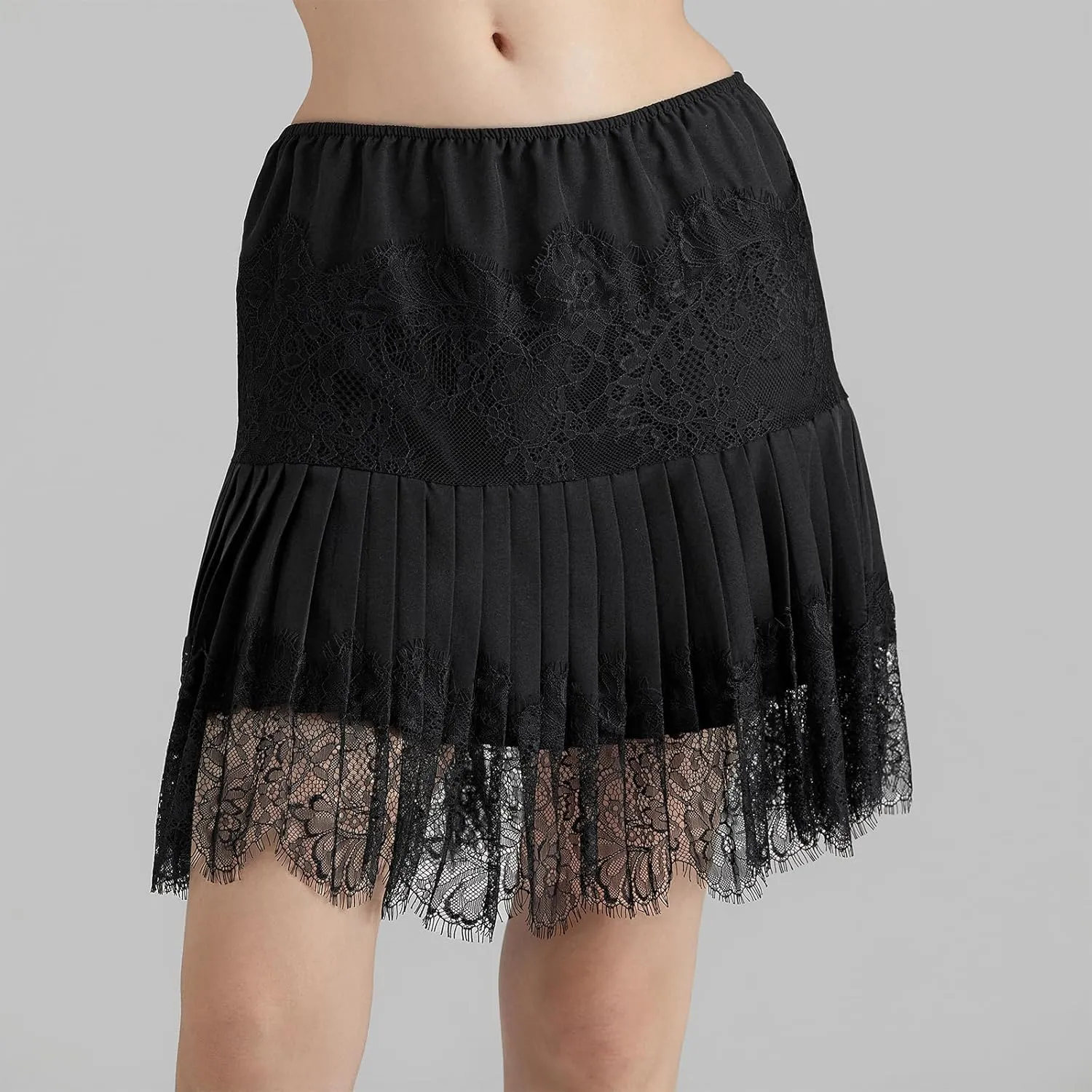 Women High Waist Mini Skirts Mid Rise Pleated Lace A Line Skirts Casual Solid Color Short Skirts