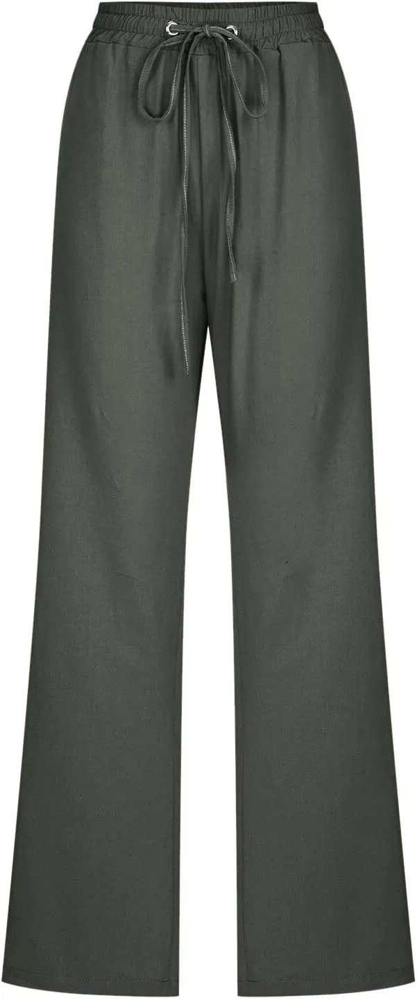 Women High Waisted Wide Leg Pants Casual Drawstring Elastic Trousers Comfy Straight Leg Long Pants with Pockets