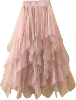 Women Irregular Tulle Skirts Fashion Elastic High Waist Mesh Skirt Pleated Long Skirts Midi Skirts Femmle