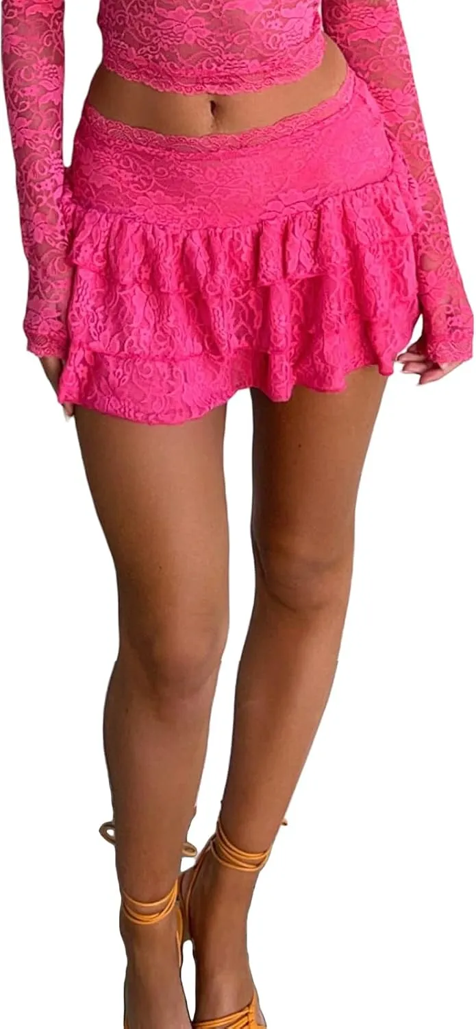 Women Lace Mini Skirts Low Rise Pleated Lace Skirts Ruffle Half Slip Skirt Summer Fairy Tiered Flowy Skirts