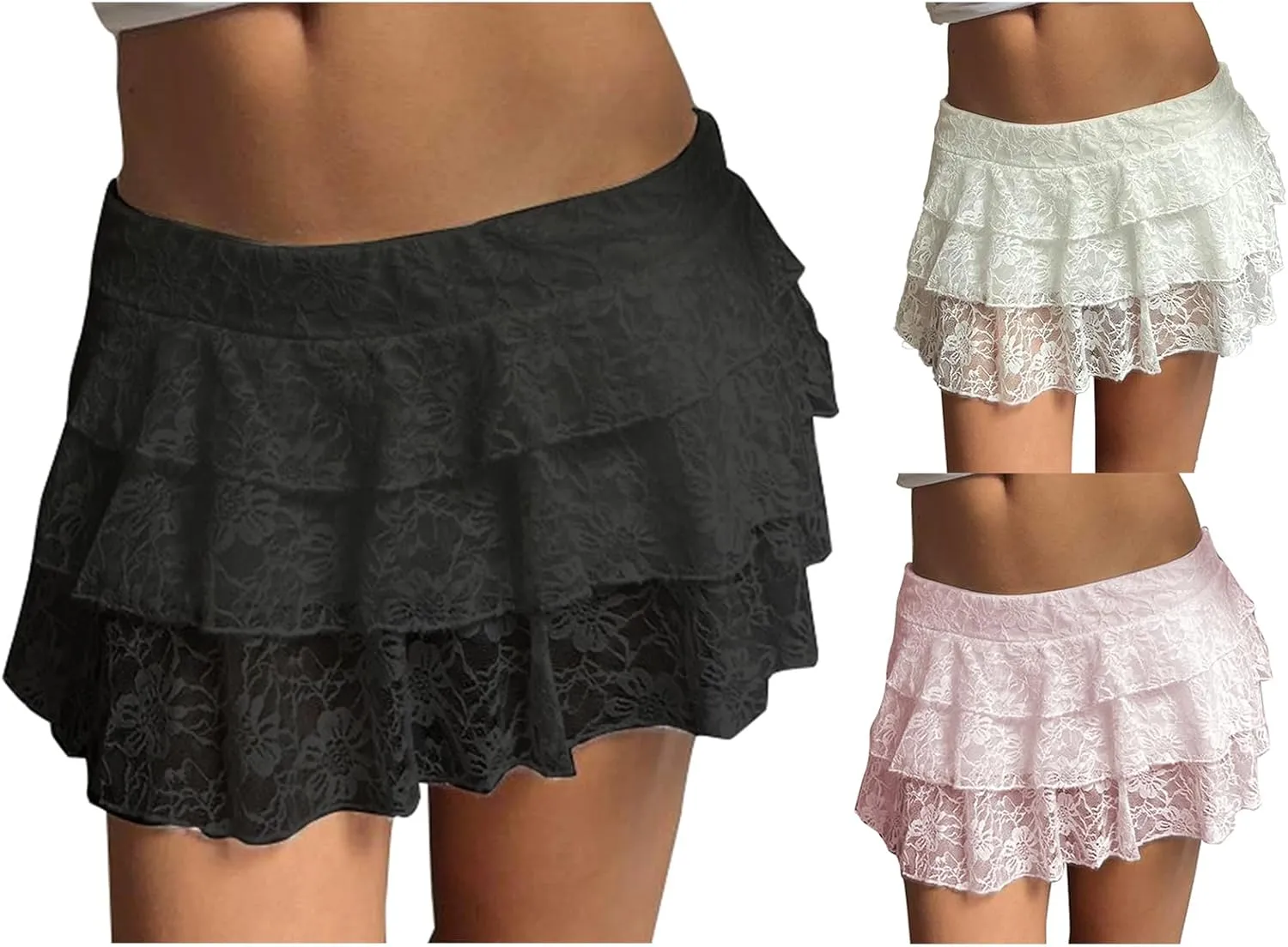 Women Lace Ruffle Mini Skirt Y2K Low Rise Layered Pleated Short Skirt Fairy Half Slip Skirts Flowy Skirt Streetwear
