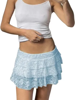 Women Lace Ruffle Mini Skirt Y2K Low Rise Layered Pleated Short Skirt Fairy Half Slip Skirts Flowy Skirt Streetwear