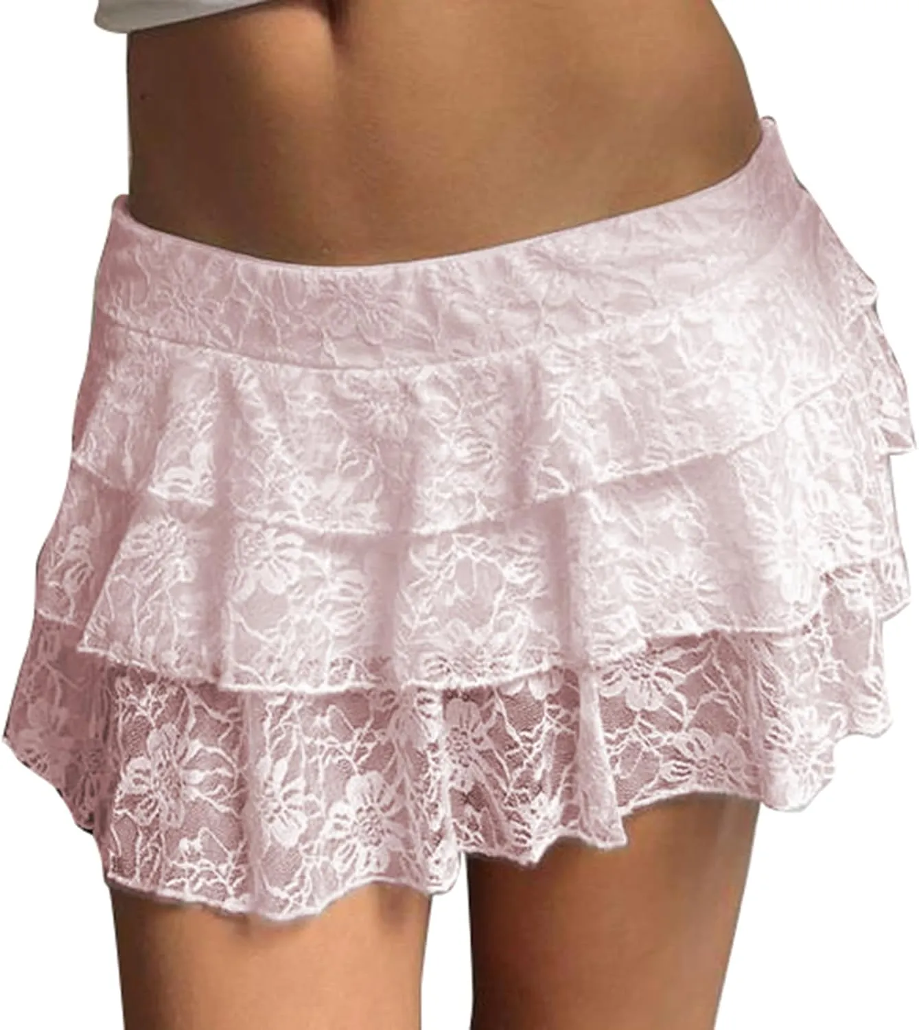 Women Lace Ruffle Mini Skirt Y2K Low Rise Layered Pleated Short Skirt Fairy Half Slip Skirts Flowy Skirt Streetwear