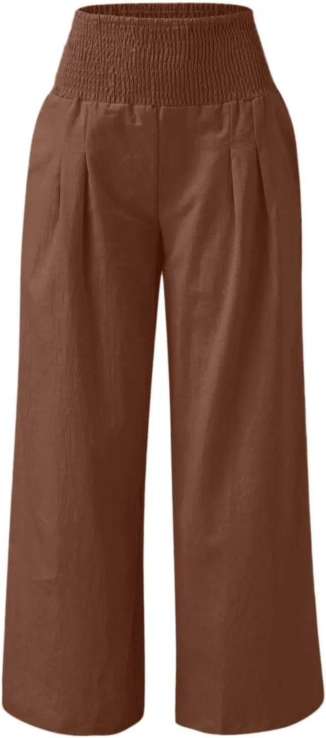 Women Linen Pants Casual Baggy Wide Leg Pants High Waisted Lounge Pants with Pockets Summer Lightweight Beach Pants