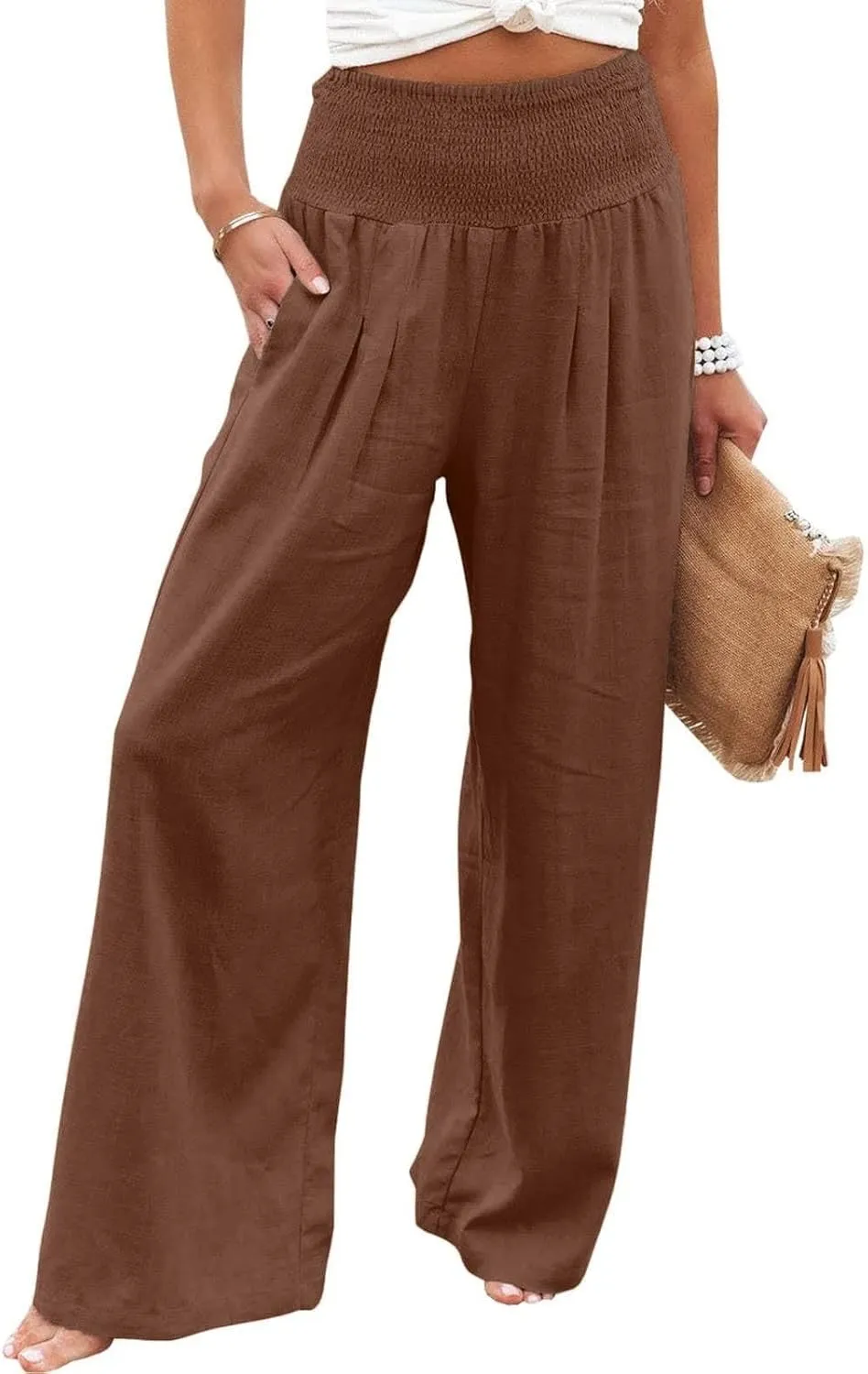 Women Linen Pants Casual Baggy Wide Leg Pants High Waisted Lounge Pants with Pockets Summer Lightweight Beach Pants