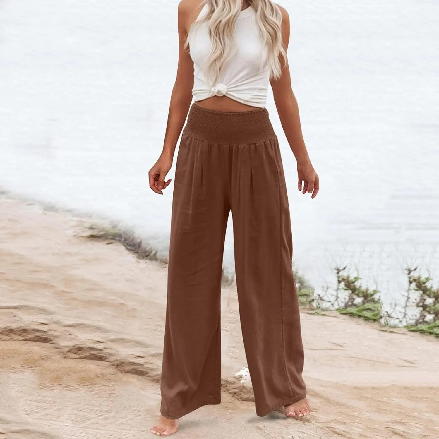 Women Linen Pants Casual Baggy Wide Leg Pants High Waisted Lounge Pants with Pockets Summer Lightweight Beach Pants