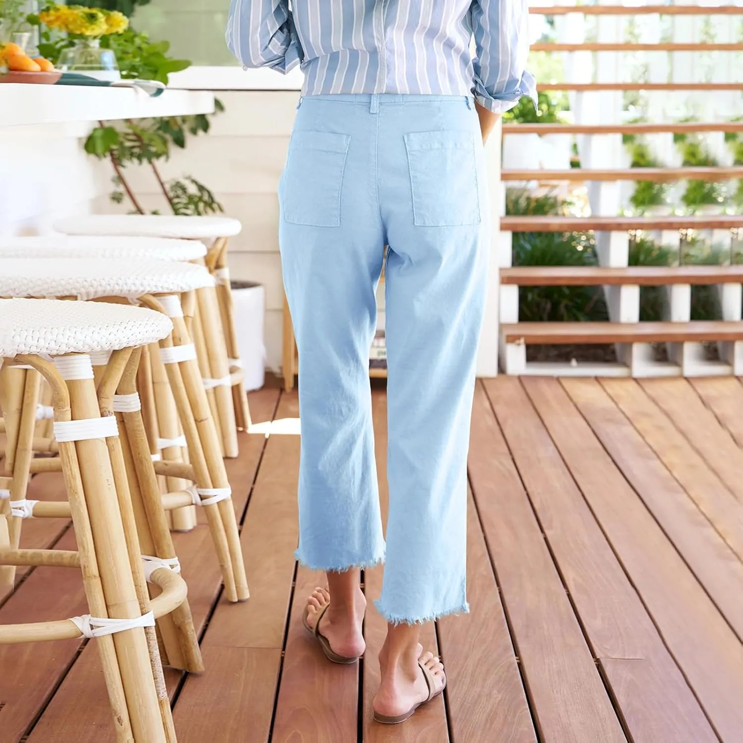 Women Linen Pants Wide Leg Cropped Pants with Raw Hem Casual Chino Pants with Pockets Loose Dressy Sailor Pants