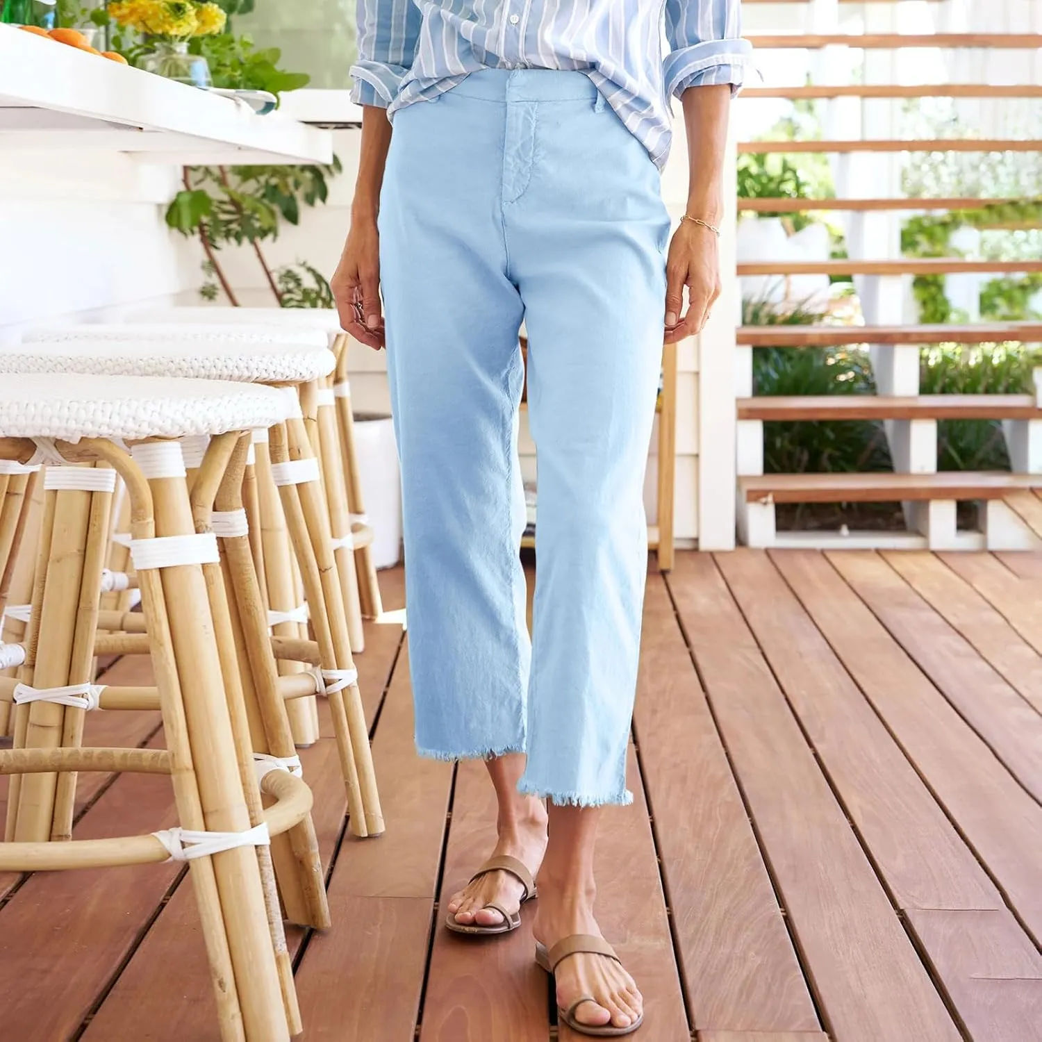 Women Linen Pants Wide Leg Cropped Pants with Raw Hem Casual Chino Pants with Pockets Loose Dressy Sailor Pants