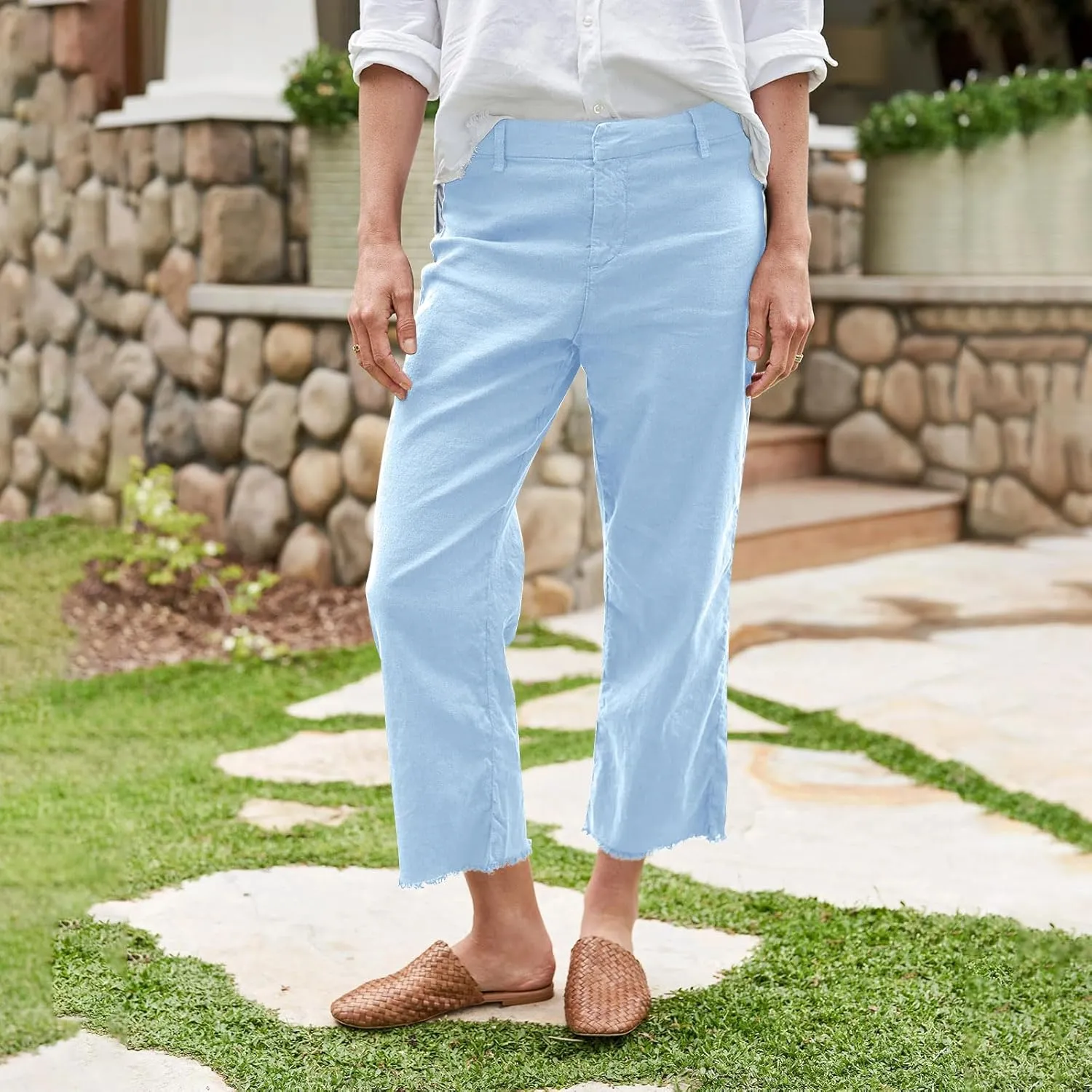 Women Linen Pants Wide Leg Cropped Pants with Raw Hem Casual Chino Pants with Pockets Loose Dressy Sailor Pants