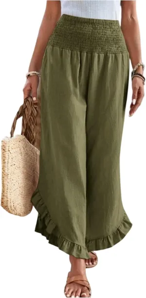 Women Linen Pants with Pockets Casual Summer Wide Leg Pants Smocked Waist Ruffle Hem Palazzo Pants Flowy Beach Pants
