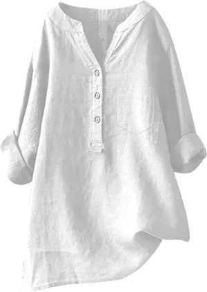 Women Linen Shirts V-Neck Buttons Blouses Floral Comfy Tee Tops Long Sleeve Loose Tunic Tops