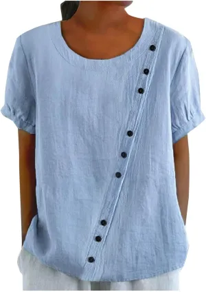 Women Linen Tops Short Sleeve Round Neck Gauze Shirt Casual Summer Vintage Loose Button Comfy Tshirt Cotton Blouse