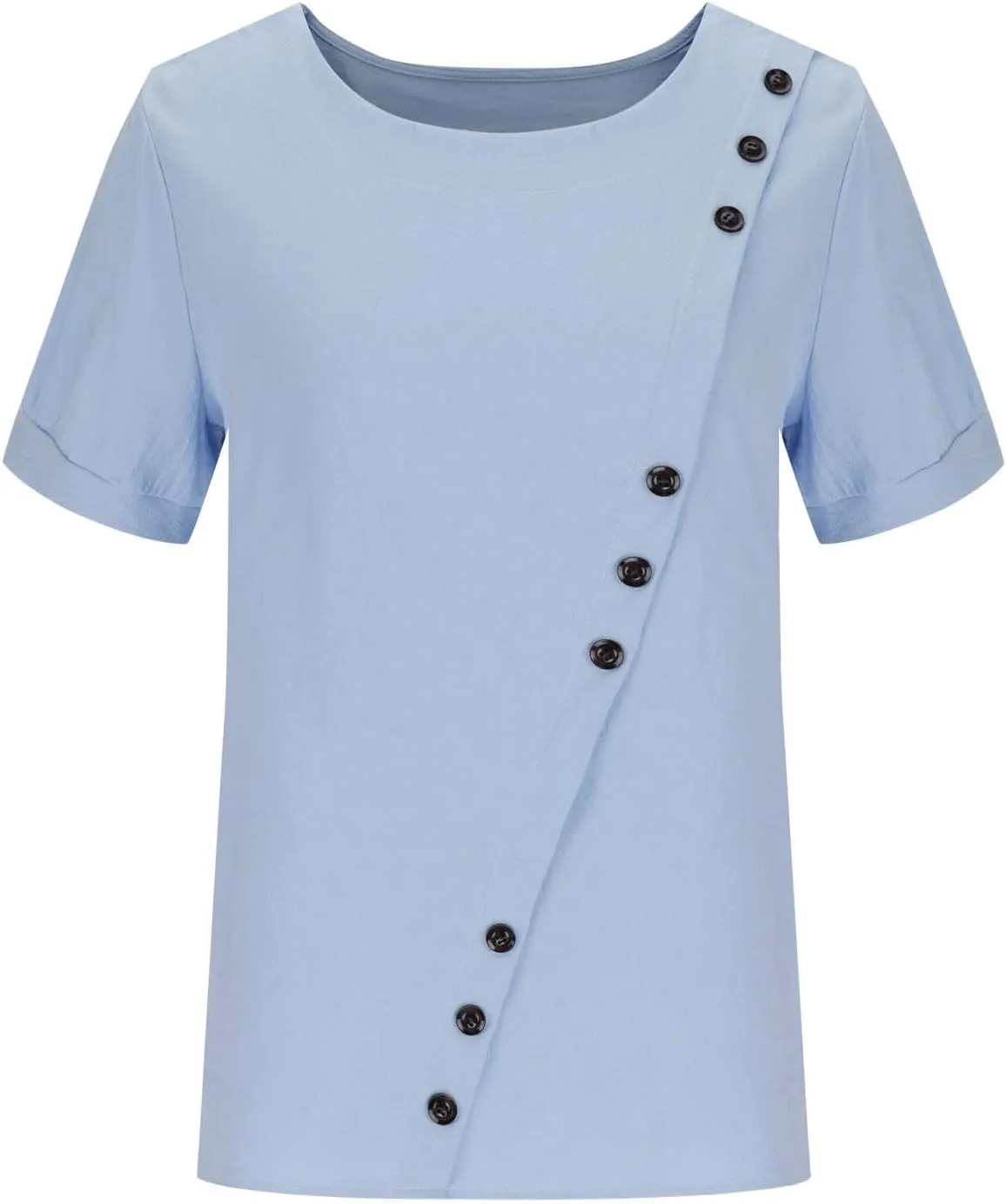 Women Linen Tops Short Sleeve Round Neck Gauze Shirt Casual Summer Vintage Loose Button Comfy Tshirt Cotton Blouse