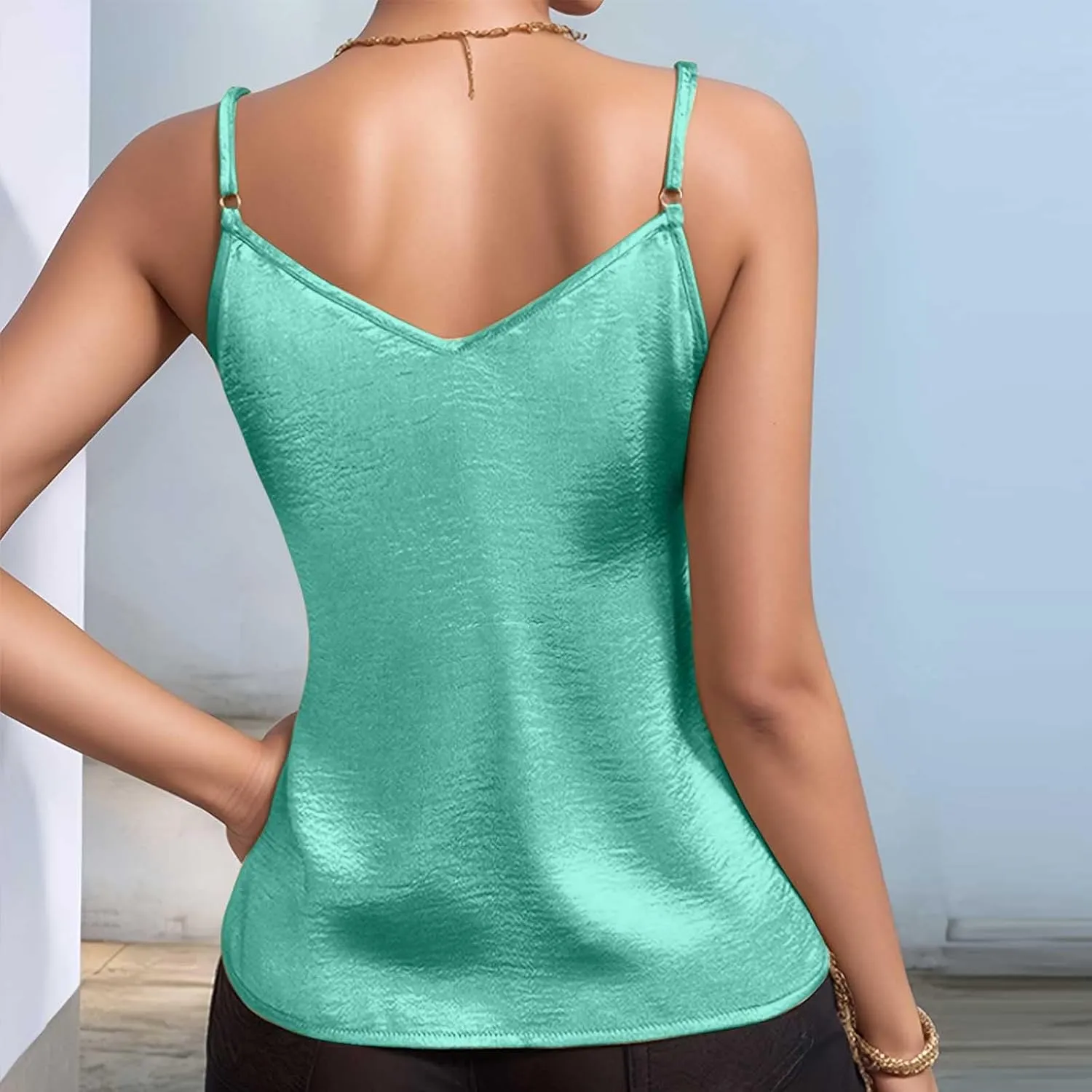 Women Metallic Shiny Cami Tops Summer Retro Causal Camisole Adjustable Spaghetti Strap Sleeveless Y2K Crop Tank Top