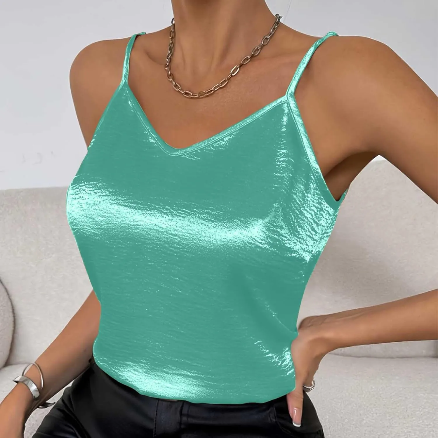 Women Metallic Shiny Cami Tops Summer Retro Causal Camisole Adjustable Spaghetti Strap Sleeveless Y2K Crop Tank Top
