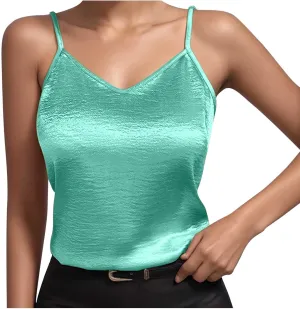 Women Metallic Shiny Cami Tops Summer Retro Causal Camisole Adjustable Spaghetti Strap Sleeveless Y2K Crop Tank Top