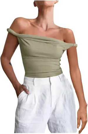 Women Off Shoulder Top Sleeveless Twist Strap Going Out Tank Tops Slim Fit Stretch Ruched Crop Top Casual T Shirts