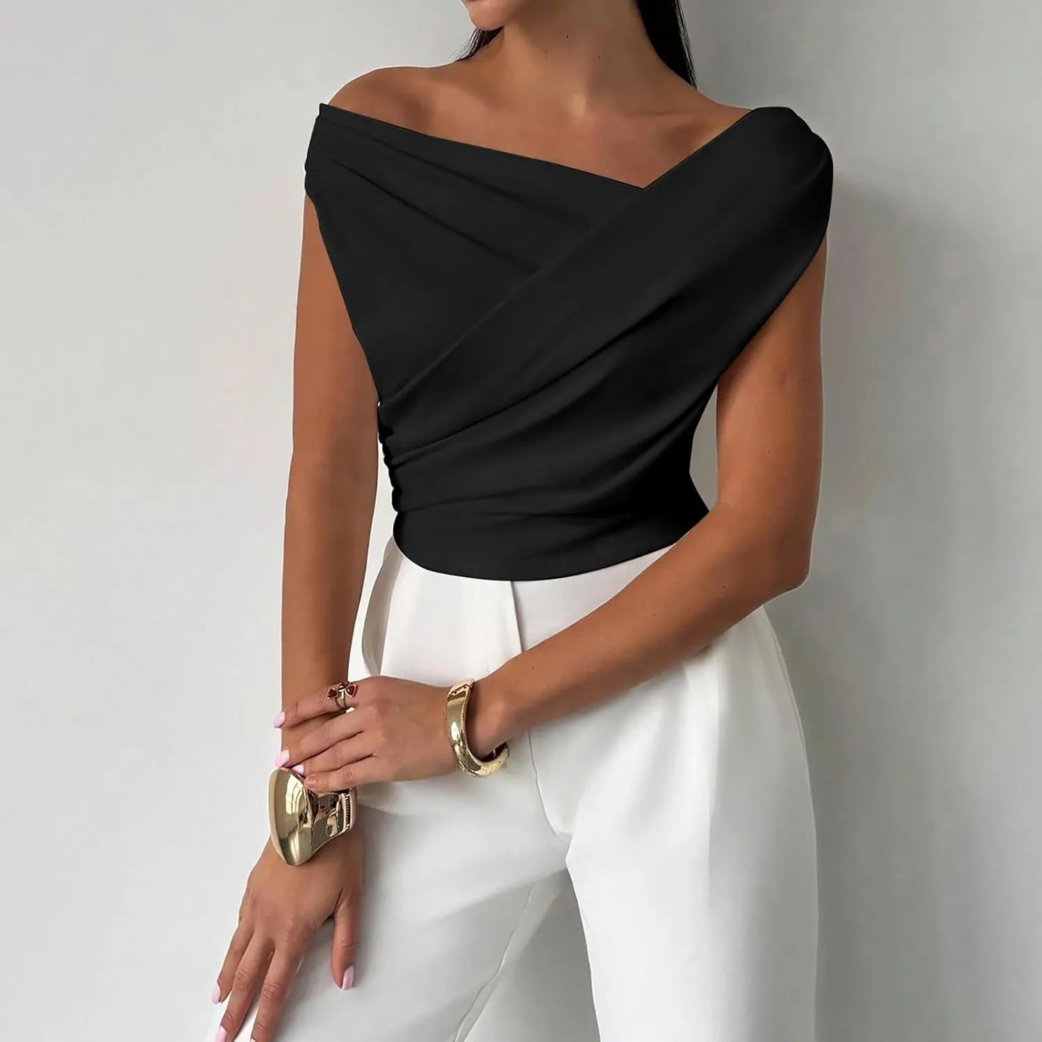 Women Off The Shoulder Top 2025 Summer Sleeveless Ruched T Shirt Fashion Asymmetrical Slim Fit Y2K Going Out Tops