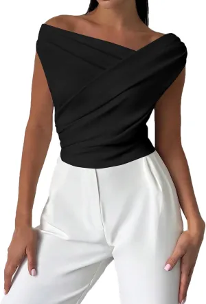Women Off The Shoulder Top 2025 Summer Sleeveless Ruched T Shirt Fashion Asymmetrical Slim Fit Y2K Going Out Tops