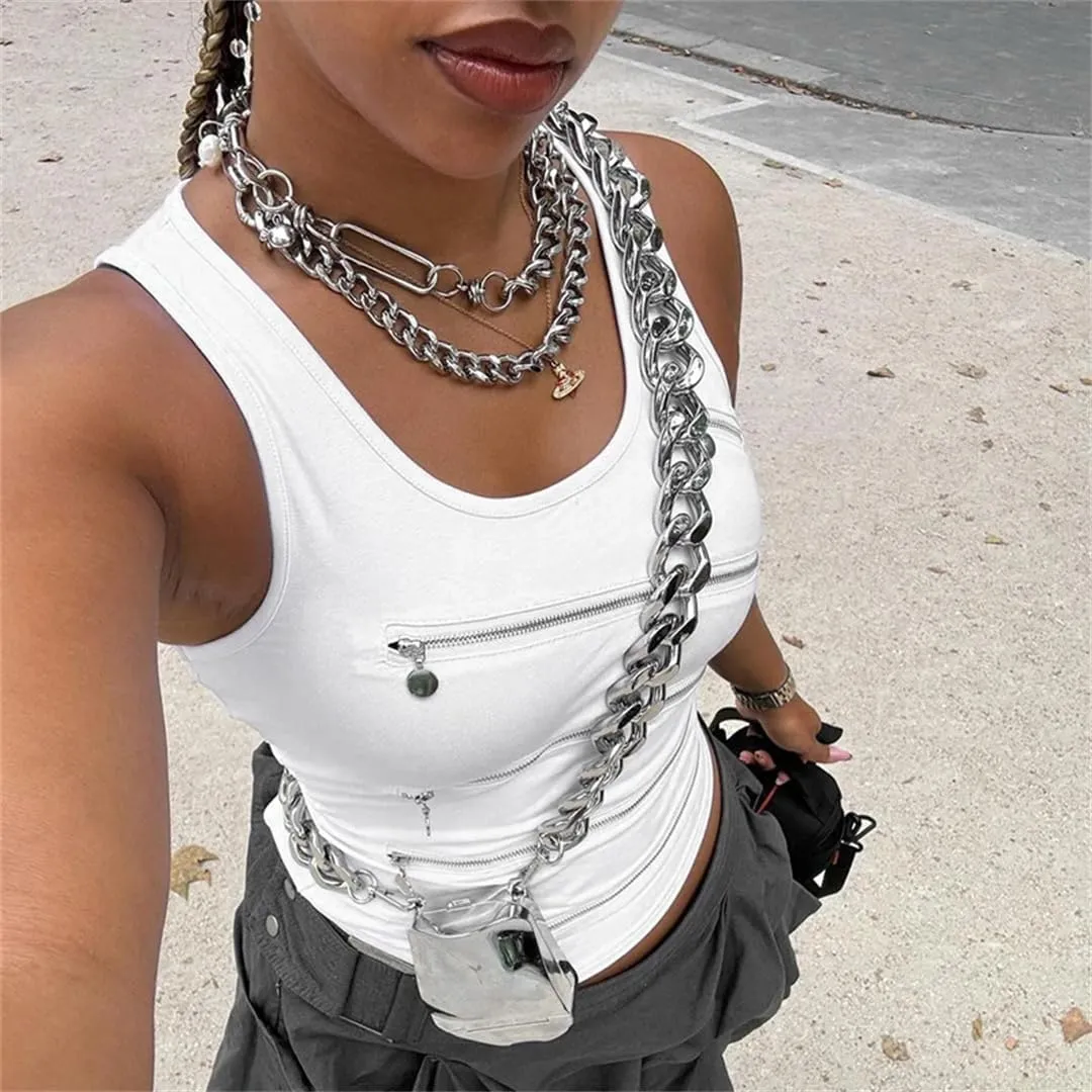 Women Punk Zipper Dessign Crop Tops Sleeveless Cut Out Slim Tanks Grunge Hollow Out Vest Tops