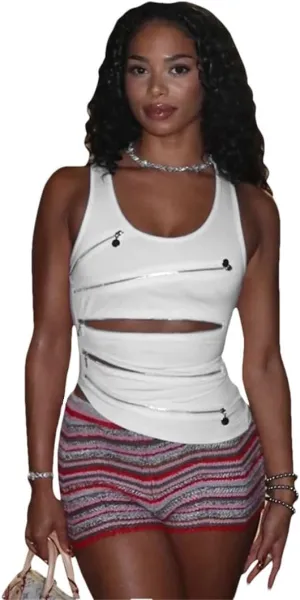Women Punk Zipper Dessign Crop Tops Sleeveless Cut Out Slim Tanks Grunge Hollow Out Vest Tops