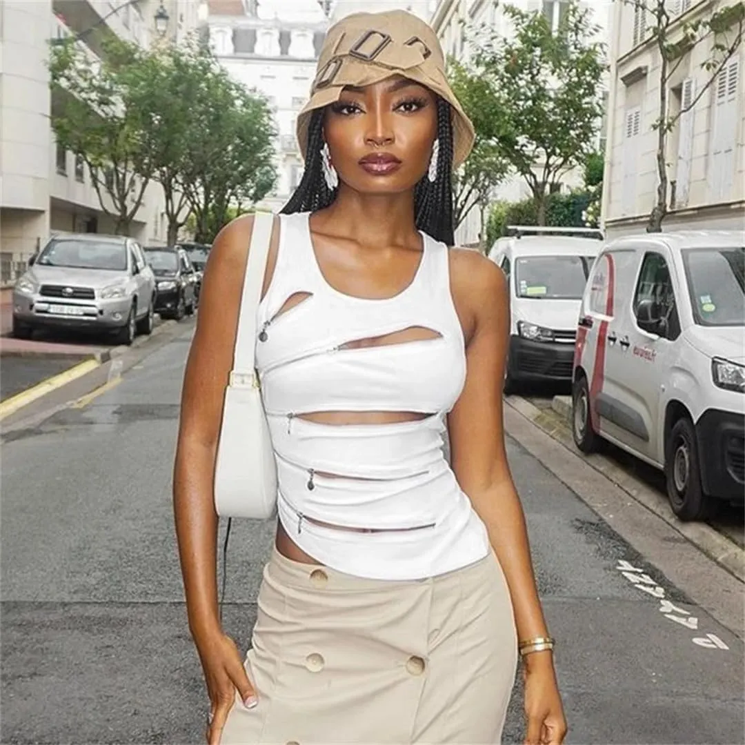 Women Punk Zipper Dessign Crop Tops Sleeveless Cut Out Slim Tanks Grunge Hollow Out Vest Tops