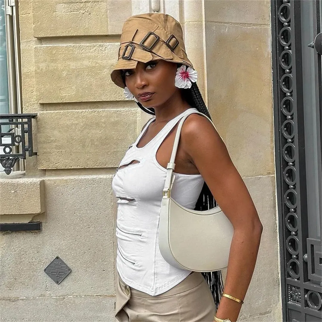 Women Punk Zipper Dessign Crop Tops Sleeveless Cut Out Slim Tanks Grunge Hollow Out Vest Tops