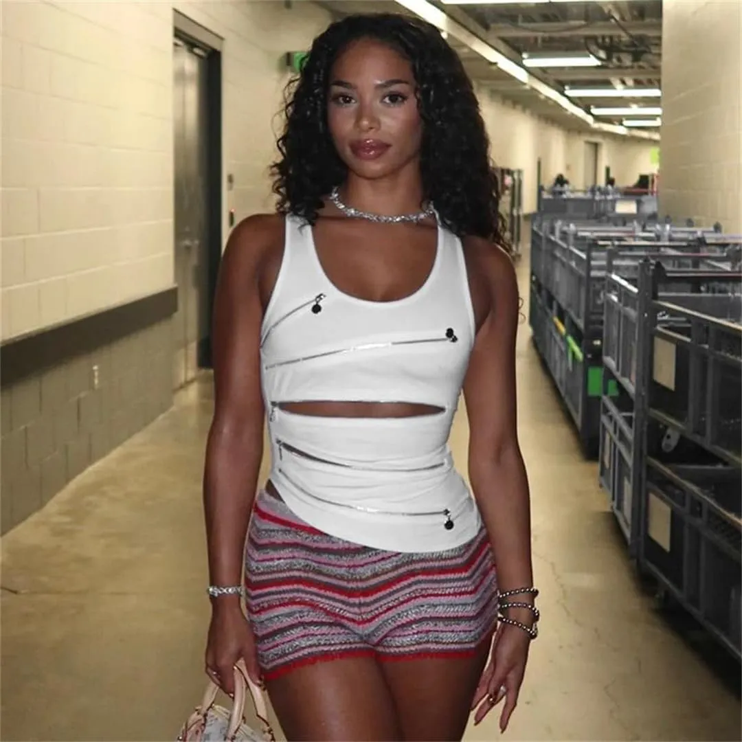 Women Punk Zipper Dessign Crop Tops Sleeveless Cut Out Slim Tanks Grunge Hollow Out Vest Tops