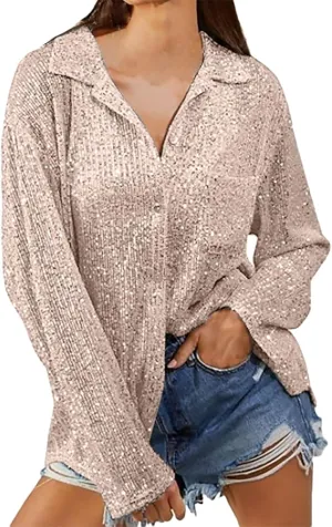 Women Sequin Sparkle Glitter Tank Lapel Solid Color Casual Shirt Shimmer Party Club Cocktail Slim Fit Ruched Tops