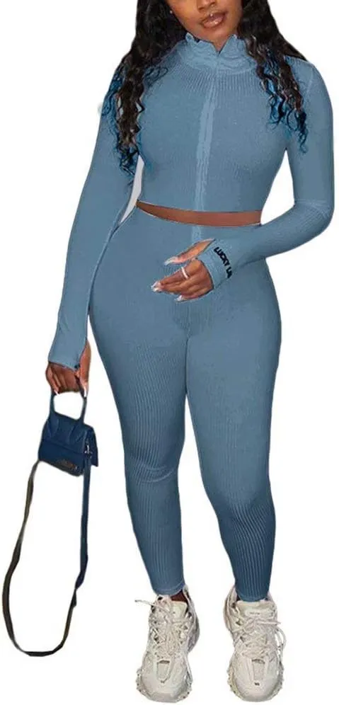 Women Sexy 2 Piece Outfits Ribbed Zipper High Neck Crop Top Thumb Holes Long Bodycon Pants Set Tracksuit Clubwear