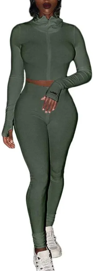 Women Sexy 2 Piece Outfits Ribbed Zipper High Neck Crop Top Thumb Holes Long Bodycon Pants Set Tracksuit Clubwear