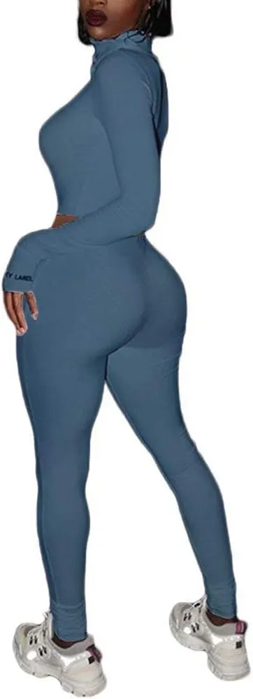 Women Sexy 2 Piece Outfits Ribbed Zipper High Neck Crop Top Thumb Holes Long Bodycon Pants Set Tracksuit Clubwear