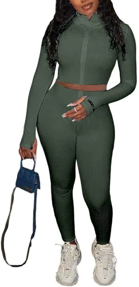 Women Sexy 2 Piece Outfits Ribbed Zipper High Neck Crop Top Thumb Holes Long Bodycon Pants Set Tracksuit Clubwear