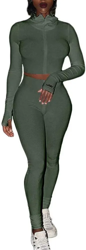 Women Sexy 2 Piece Outfits Ribbed Zipper High Neck Crop Top Thumb Holes Long Bodycon Pants Set Tracksuit Clubwear