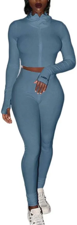 Women Sexy 2 Piece Outfits Ribbed Zipper High Neck Crop Top Thumb Holes Long Bodycon Pants Set Tracksuit Clubwear