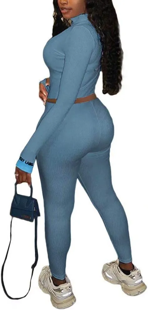 Women Sexy 2 Piece Outfits Ribbed Zipper High Neck Crop Top Thumb Holes Long Bodycon Pants Set Tracksuit Clubwear