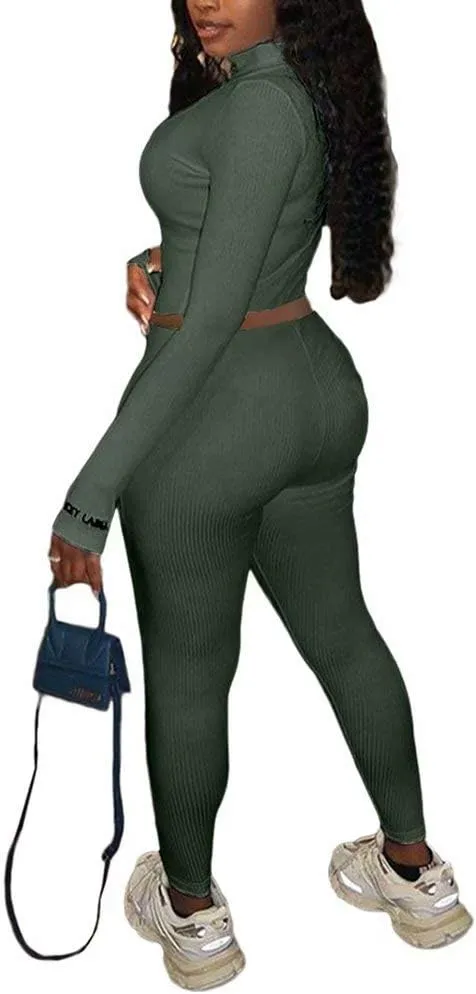 Women Sexy 2 Piece Outfits Ribbed Zipper High Neck Crop Top Thumb Holes Long Bodycon Pants Set Tracksuit Clubwear