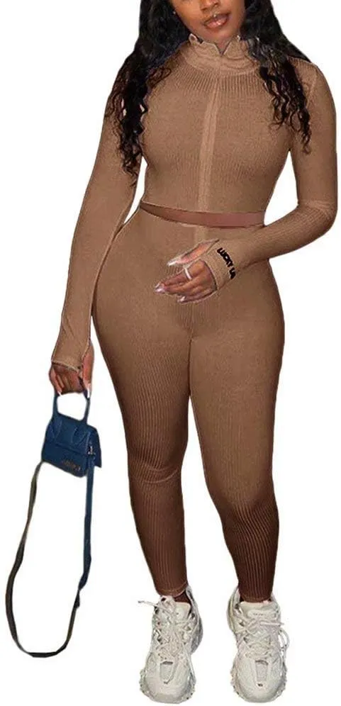 Women Sexy 2 Piece Outfits Ribbed Zipper High Neck Crop Top Thumb Holes Long Bodycon Pants Set Tracksuit Clubwear