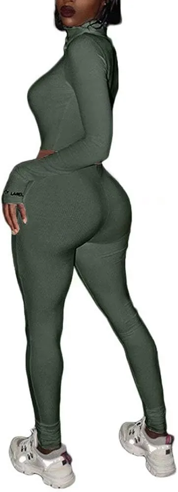 Women Sexy 2 Piece Outfits Ribbed Zipper High Neck Crop Top Thumb Holes Long Bodycon Pants Set Tracksuit Clubwear