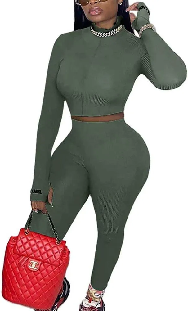 Women Sexy 2 Piece Outfits Ribbed Zipper High Neck Crop Top Thumb Holes Long Bodycon Pants Set Tracksuit Clubwear