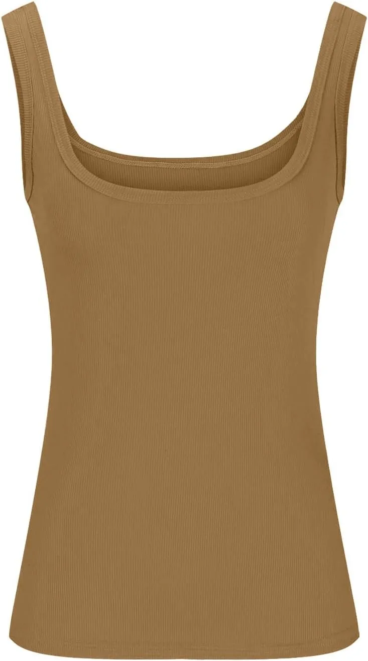 Women Sexy Square Neck Tank Tops Basic Ribbed Knit Sleeveless Shirts Summer Casual Slim Fit Yoga Workout Cami Tees